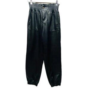 Forever 21 Faux Leather Pants Women's Medium Black Elastic High Waist + Hem EUC